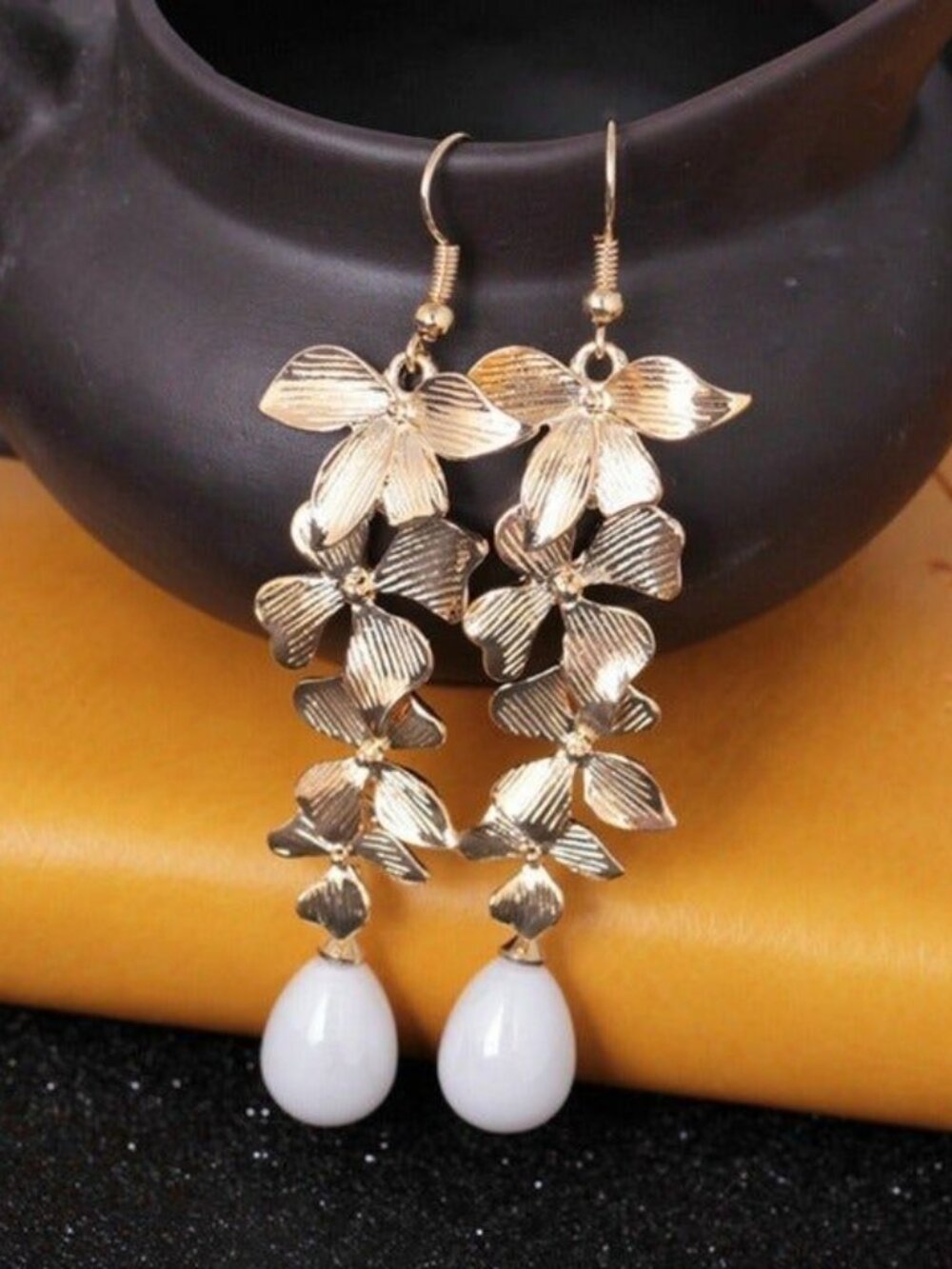 Elegant Orchid Drop Cascade and Pearl 14K Gold Plated Earrings